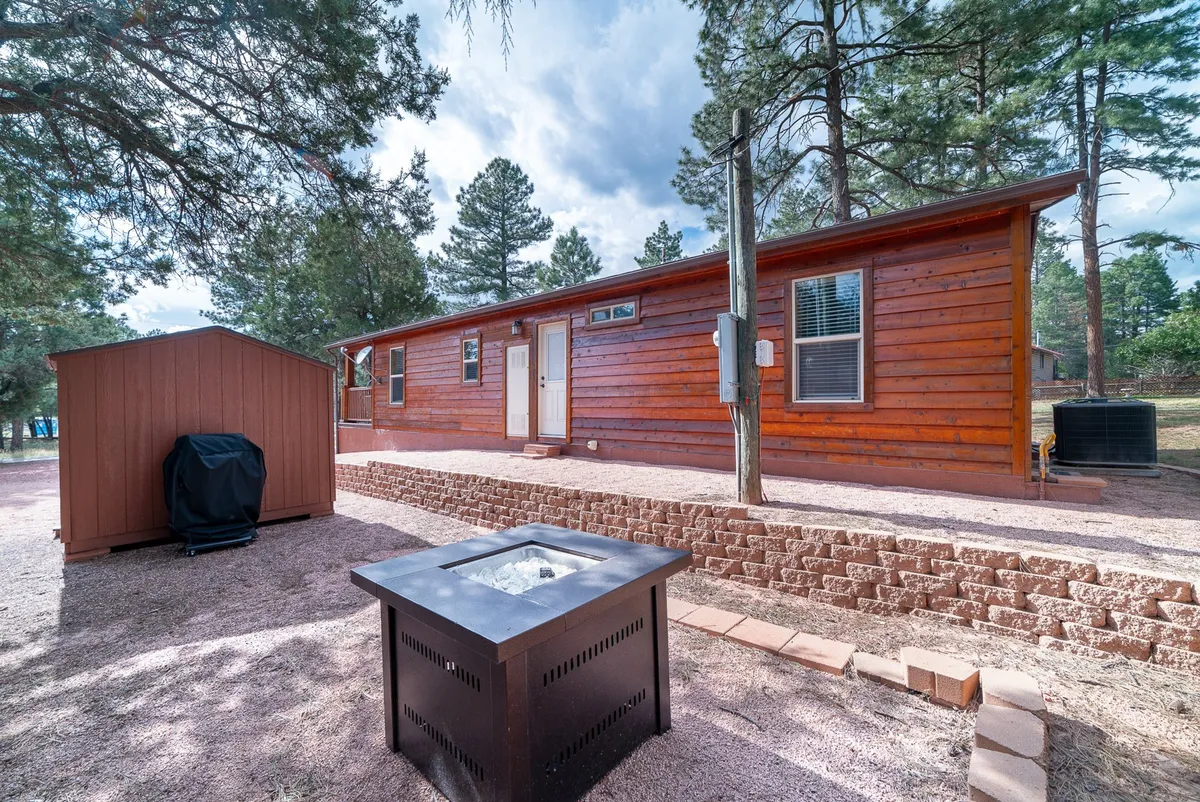 The wooden cabin is surrounded by trees, with a fire pit in the yard and a cozy atmosphere. The wide open outdoor space is ideal for dogs to play safely while their owners relax by the fire or under the trees.