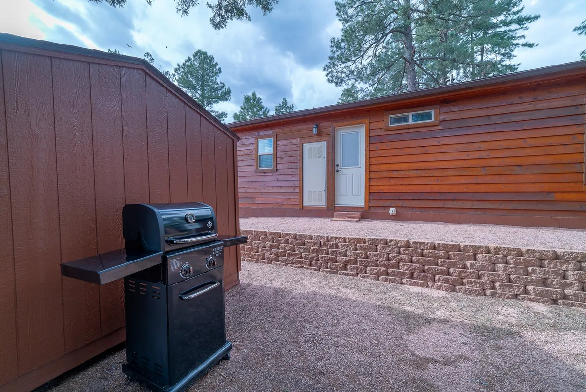 An exterior view of the home’s wooden siding, a grill ready for barbecuing, and steps leading to the door. This image highlights outdoor social opportunities, like grilling meals and enjoying fresh air with family or friends, expanding the sense of shared experience beyond the interior.